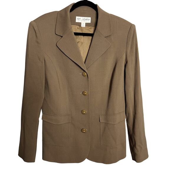 St. John Collection By Marie Gray Taupe Wool‎ Long Sleeve Blazer Jacket Size 8